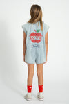Short Sleeveless Jumpsuit | Blue Light Denim W/ Apple Print